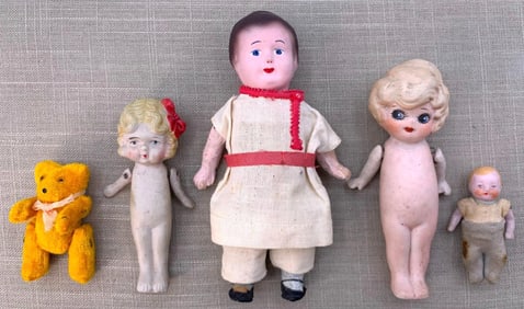 Antique to Vintage Composition, Bisque, Googly Eye Miniature Dolls & Mini Mustard Mohair Teddy Bear