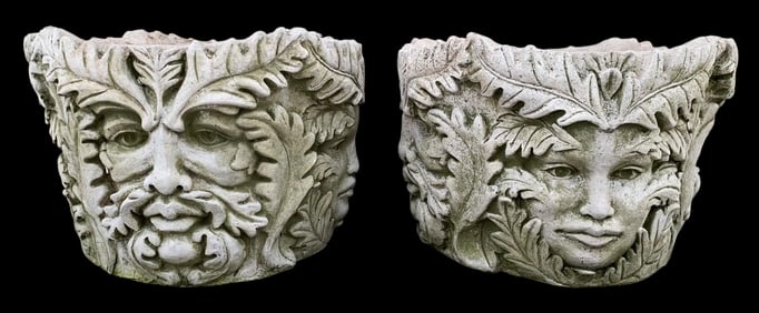 PAIR Cast Stone Mythical Sylvan Green Man & Lady Forest Deity Planter Set
