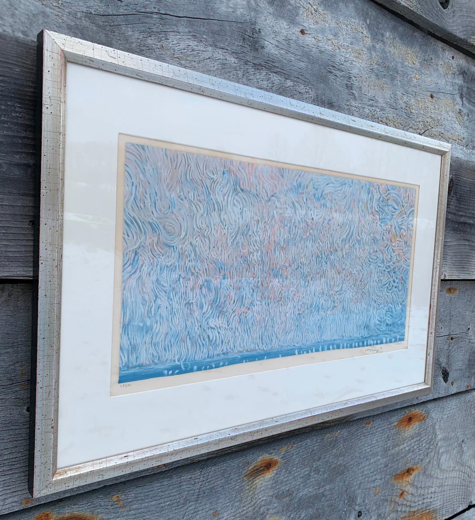 Signed Mark Tobey 1973 SCROLL OF LIBERTY 38/175 Limited Edition Large Size Professionally Framed Art: Period silvered wood framing, richly hued art under glass, pencil signed 73 (1973) and numbered 38/175, titled Scroll of Liberty, measuring 33 1/2" x 21 1/2" total dimensions (the Art itself measures