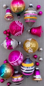 53 Vintage Ombre, Striped, Stenciled Vibrant Mercury Glass Christmas Tree Ornaments