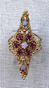 Opulent Antique 14k Yellow Gold, Opal & Ruby Filigree Elongated Victorian Ring