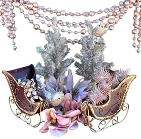 95 pc Pink Champagne Tinsel Trees, Garnet Sleighs, Poinsettia, Jeweled Bird, Ornament Collection