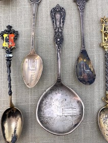 24 Antique to Vintage Sterling Silver, Silver Plate, World & US Traveler Souvenir Spoons Collection