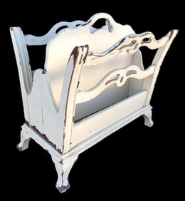 Vintage Cottage Cream Painted Wood Portable Handled Chairside Magazine, Newspaper, Rack