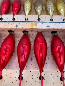 36 Mid Century Ruby & Gold Mercury Glass Christmas Tree Ornaments in Early Boxes