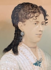 Refined Antique Victorian Hand Painted Lovely Lady Watercolor Portrait, Wood Frame, Warbled Glass