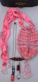 Antique Collar Box, 1920s Flapper Salmon Pink Beaded Reticule, Sterling Silver & Costume Jewelry