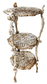 Ornate Antique Chippy White Cast Iron Triple Shelf Openwork Conservatory Display Stand