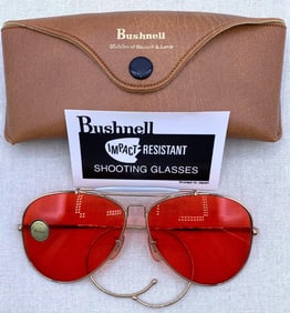 New Old Stock Vintage Bushnell Impact Resistant Tangerine Lens Aviator Shooting Glasses in Case