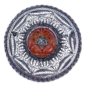 Intricate 935 Silver Filigree Carved & Pierced Carnelian Brooch, Large 23 Gram Palestine Fish Pin