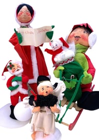 5 1970 - 2008 Annalee Christmas Dolls: Santa Claus, Kitten, Black Sheep Angel, Caroler, Sledding Boy