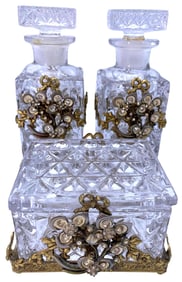 3 pc Vintage Gilt Ormolu Hollywood Regency Clear Glass Perfume Bottles & Matching Dresser Box