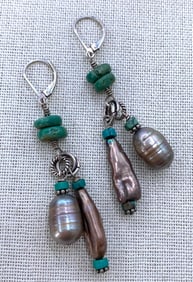 Sterling Silver Gray Baroque Freshwater Pearl & Turquoise Pierced Artisan Crafted Dangle Earrings