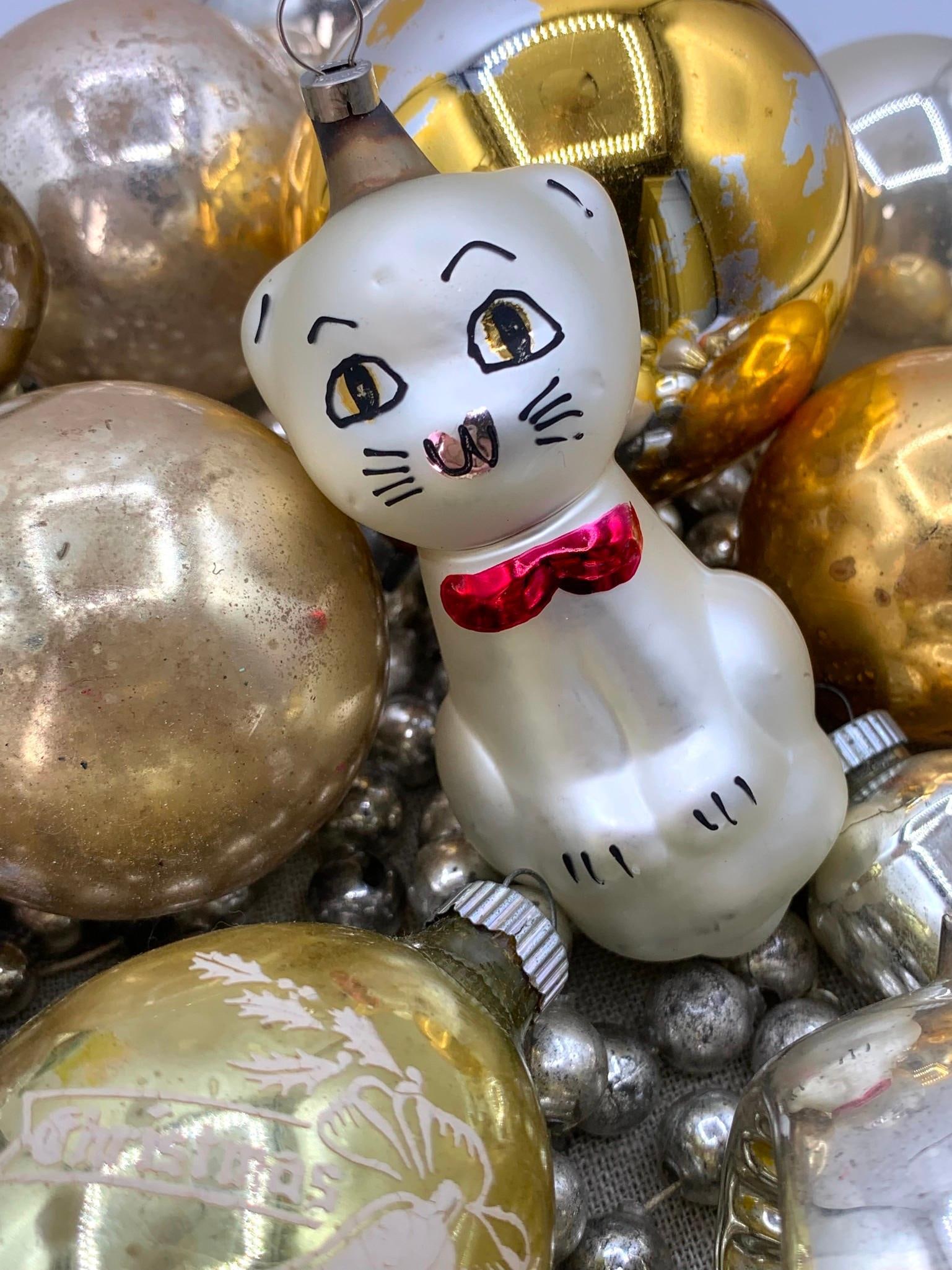 42 Antique to Vintage Mercury Glass Christmas Tree Ornaments & Early Garland: Fantastic assortment of West Germany, Shiny Brite, Japan, USA, Rauch, Germany pieces, hand painted detail, indent, stenciled, glitter trimmed, damage to the triple indent pendant with some age near th