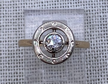 10k Yellow Gold & Platinum Vintage Art Deco Diamond Solitaire Target Halo Ring