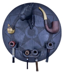 Antique Folk Art Horse & Dog Head Wall Mount Pipe Rack with 5 Vintage Tobacco Smoking Pipes