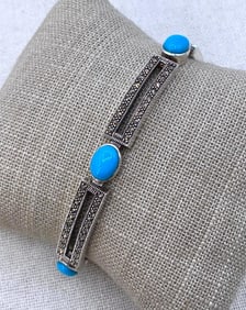 Sterling Silver, Marcasite, Turquoise Glass Cabochon Hinged Panel Art Deco Style Link Bracelet