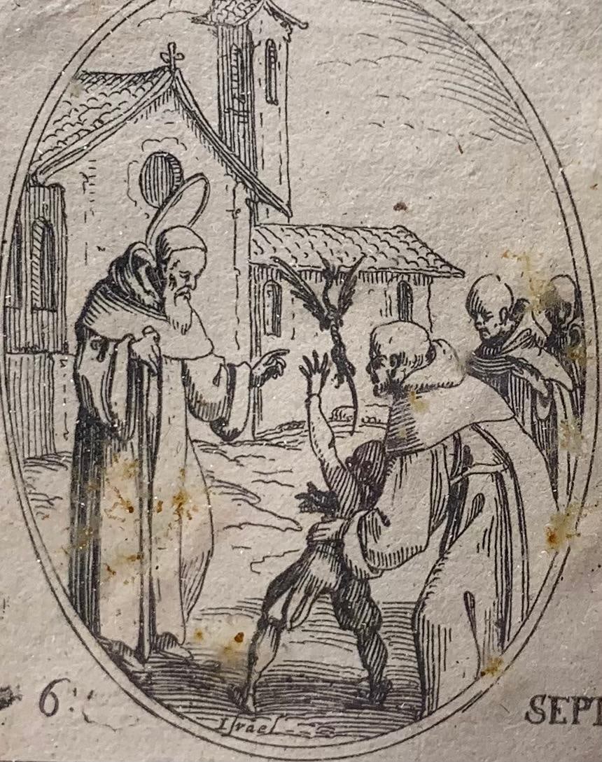 17th Century Jacques Callot Saint Eleutherius Releasing a Winged Demon Etching, c1630s: c1630s Jacques Callot etching framed in the 20th century, 3 3/4" x 2" etching, textured paper, foxing and soiling to the interior of the glass, 10 3/4" x 8 7/8" wood frame.