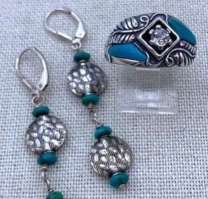 Sterling Silver Carolyn Pollack Turquoise & White Topaz Feather Ring and 925 Artisan Earrings