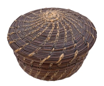 Antique Pine Needle & Sweetgrass Lidded Storage Basket