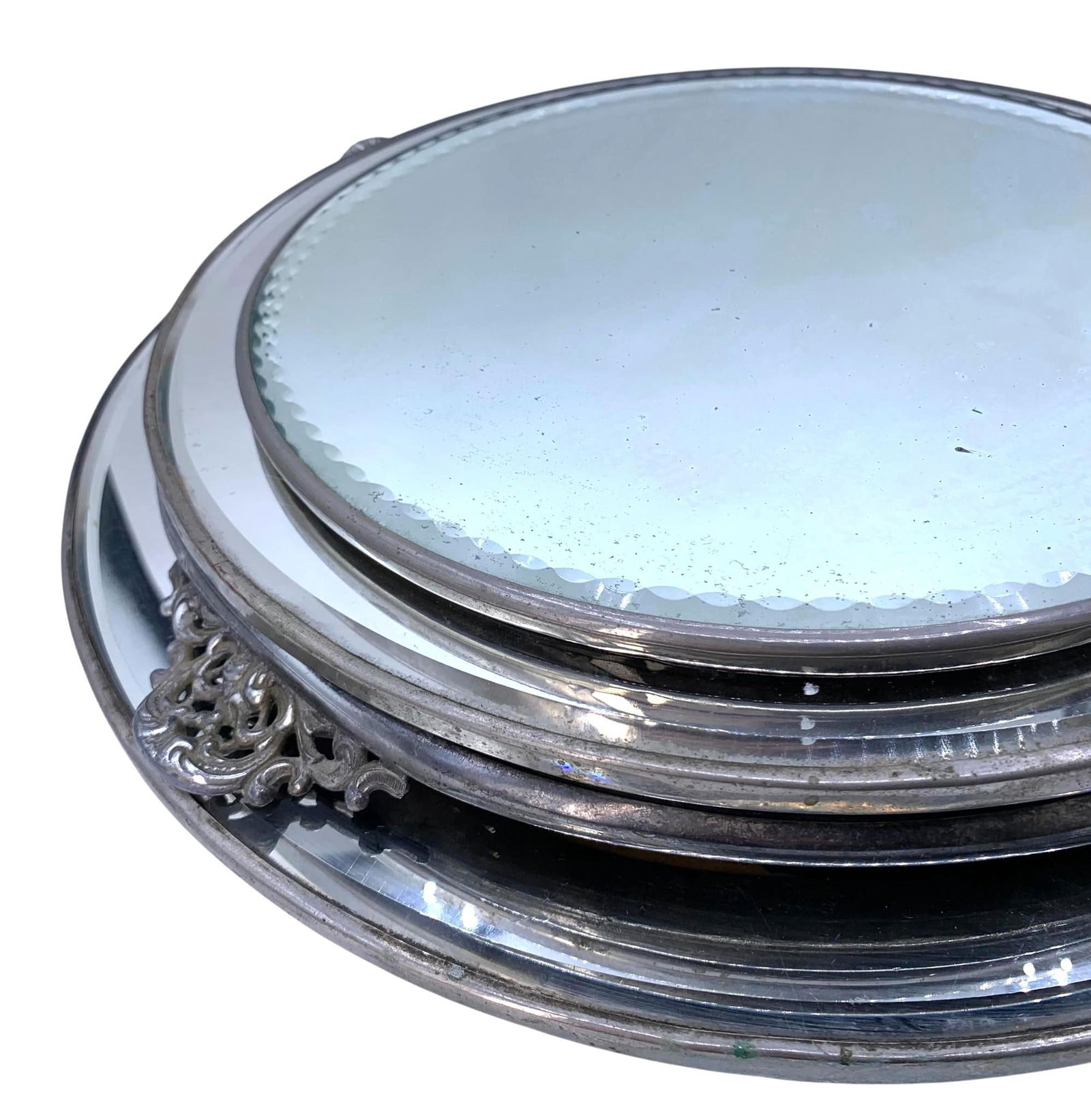 4 Vintage Beveled Glass Footed Shop Display Countertop & Wall Mirrors: 14" to 10", one with ornate openwork feet, 2 with decorative wheel cut edges, glass is sound with areas of light hazing and age appropriate wear to the materials.