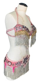 Glamorous Mid Century Bead Encrusted 2 pc Vintage Pink Belly Dance Costume worn by Mary Ann Vash
