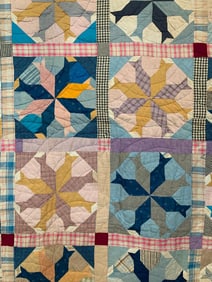 Antique Hand Quilted Folk Art Star Variation Farmhouse Coverlet, Bed Quilt