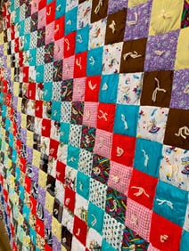 Vintage Hand Sewn Padded Square Block Children's Yarn Tied Patchwork Quilt Coverlet