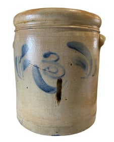 Antique 3 Gallon Fancy Cobalt Blue Frond Detail Stoneware Farmhouse Turkey Dropping Crock