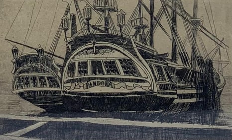 c1920s Lester M Bonar Maritime PANDORA Ship Etching, Artist Signed, Period Frame