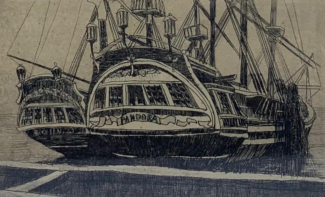 c1920s Lester M Bonar Maritime PANDORA Ship Etching, Artist Signed, Period Frame: Fab vintage work of maritime art capturing the famed 24 gun ship "Pandora", sent in 1790 to recover the mutinous crew of the "Bounty" and return them to England for trial. Signed Lester M Bonar, frame