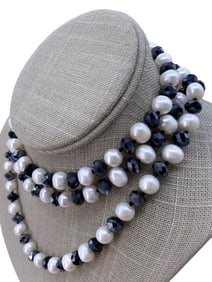 Outstanding Ringed Freshwater Pearl, Faceted Hematite & Onyx Long 44 inch Circumference Necklace