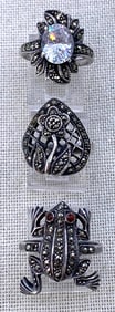 Trio Sterling Silver, Marcasite, Garnet & CZ Fanciful Art Deco Style 925 Rings