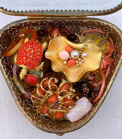 19 pc Mid Century Pierced Metal Jewel Casket Full of Vintage Jewelery