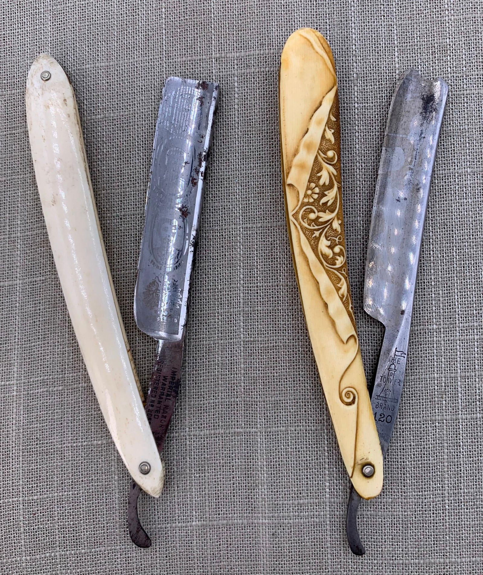 2 Antique Barber Straight Shaving Razors: Teddy Roosevelt Imperial, John Holler & Co Germany: 1) Celluloid faux ivory handle, etched Teddy Roosevelt Imperial Razor?2) Embossed celluloid handle, Tower Brand John Holler & Co Germany