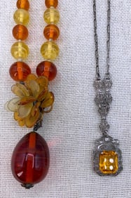 Two Antique c1920s Sterling Silver Filigree Citrine & Amber Glass Necklaces