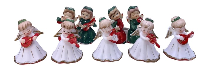 7 pc Mid Century Commodore, Lefton, Japan, Angel Bells & Candle Holder Christmas Decorations