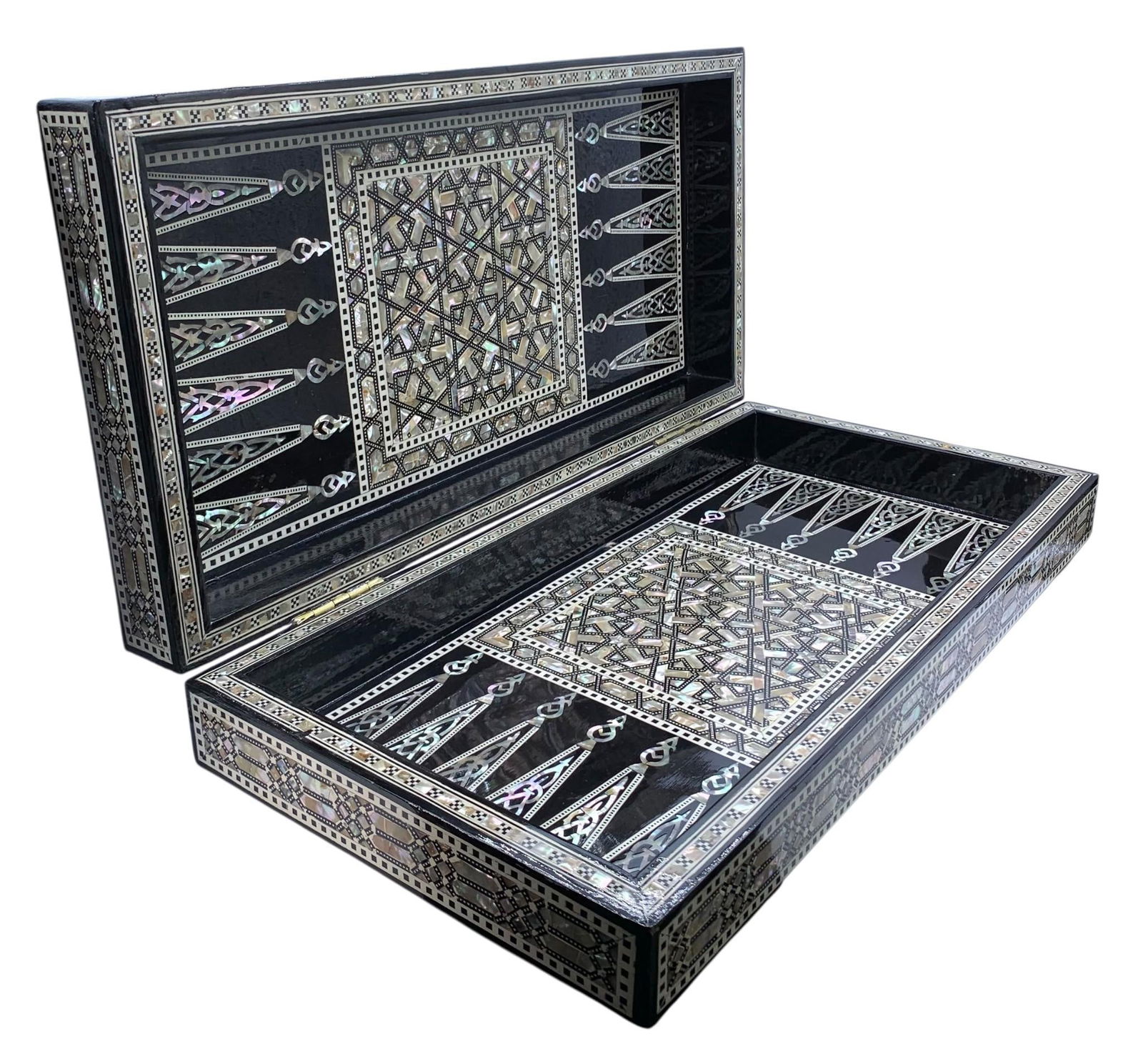 SUPERB Vintage Moroccan Lacquered Inlaid Mother of Pearl Backgammon Board Box, Game Markers & Dice: Mind Blowing inlaid lacquer and mother of pearl marquetry game board/box, Large 20 5/8" x 10 1/4" x 3 3/4" (when Closed), 20 5/8" x 20 1/2" when open, 30 game markers, 7 assorted size die included wit
