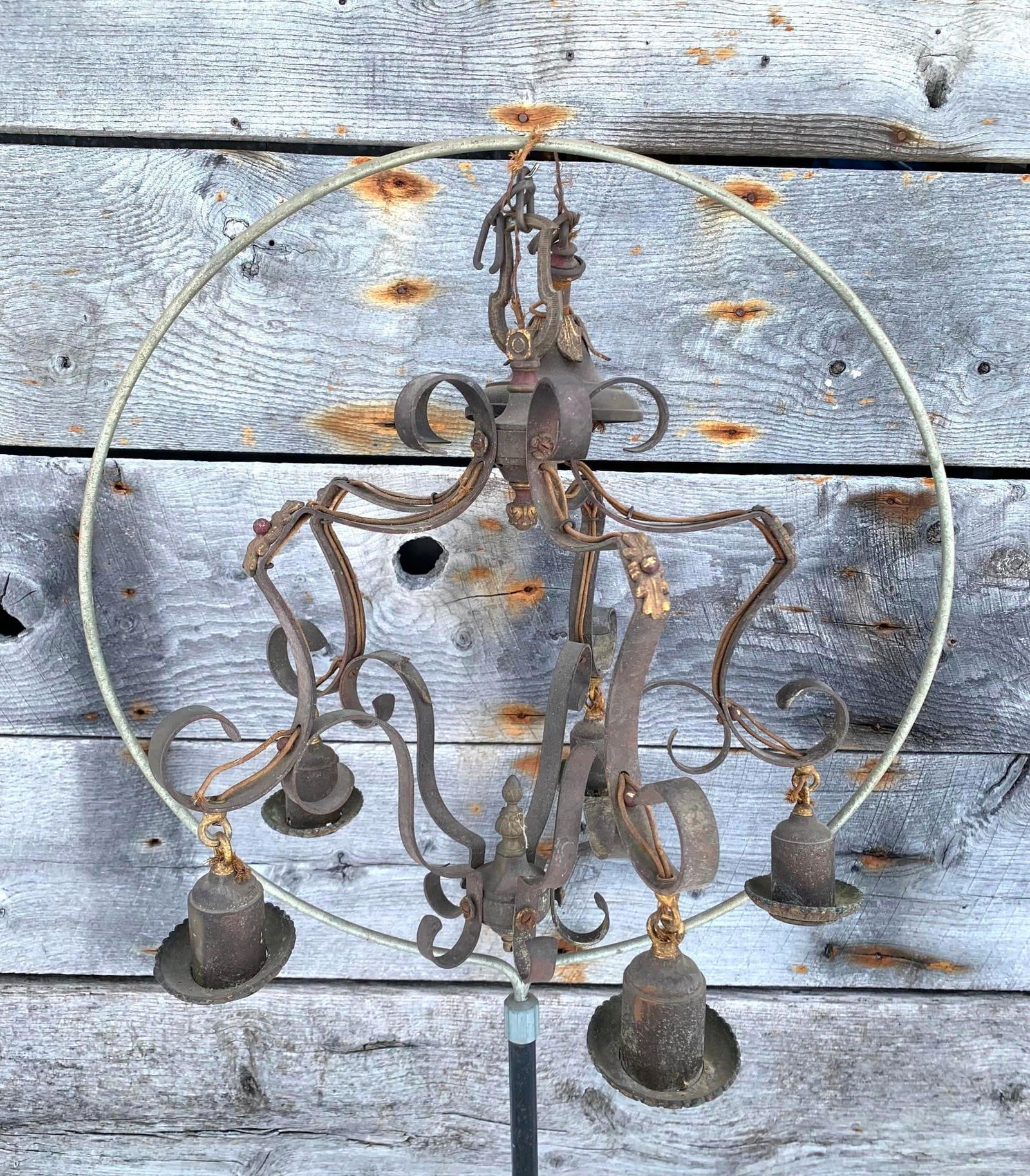 Three Metal Antique Spanish Revival, Art Deco, 5 Arm Chandelier Hanging Light Fixtures: Trio of early chandeliers with remnants of old cloth covered wiring, all in need of restoration/rewiring/repurpose, approx. 20" height plus ceiling collar and chain x 18", intricate metal detailing an