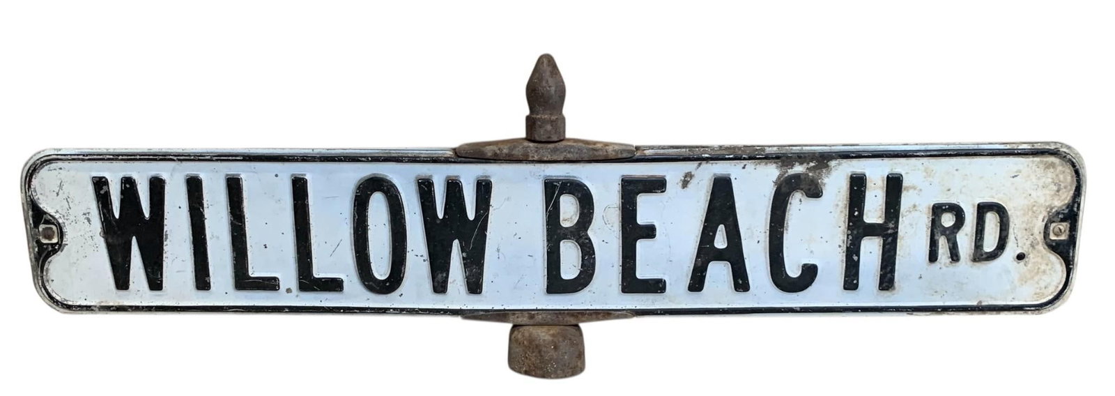 Antique Double-Sided Embossed Metal Willow Beach Rd. Street Sign, Acorn Finial Top: 36" x 11" with cast metal acorn finial and mounting cap, a early double-sided sign with great patina.