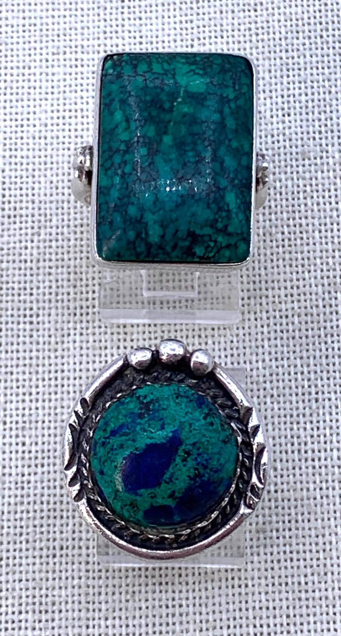 2 Sterling Silver Azurite Malachite & CHIPITA Chrysocolla 925 Statement Rings: 1) 925 hallmark, 7.5 size, round 14mm Azurite Malachite, 6.9 gram weight2) 925 Chipita?hallmark, 22x15 Chrysocolla, 12.2 gram weight