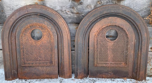 4 pc Antique Victorian Cast Iron Architectural Curved Top Fireplace Surround Frames & Door Panels