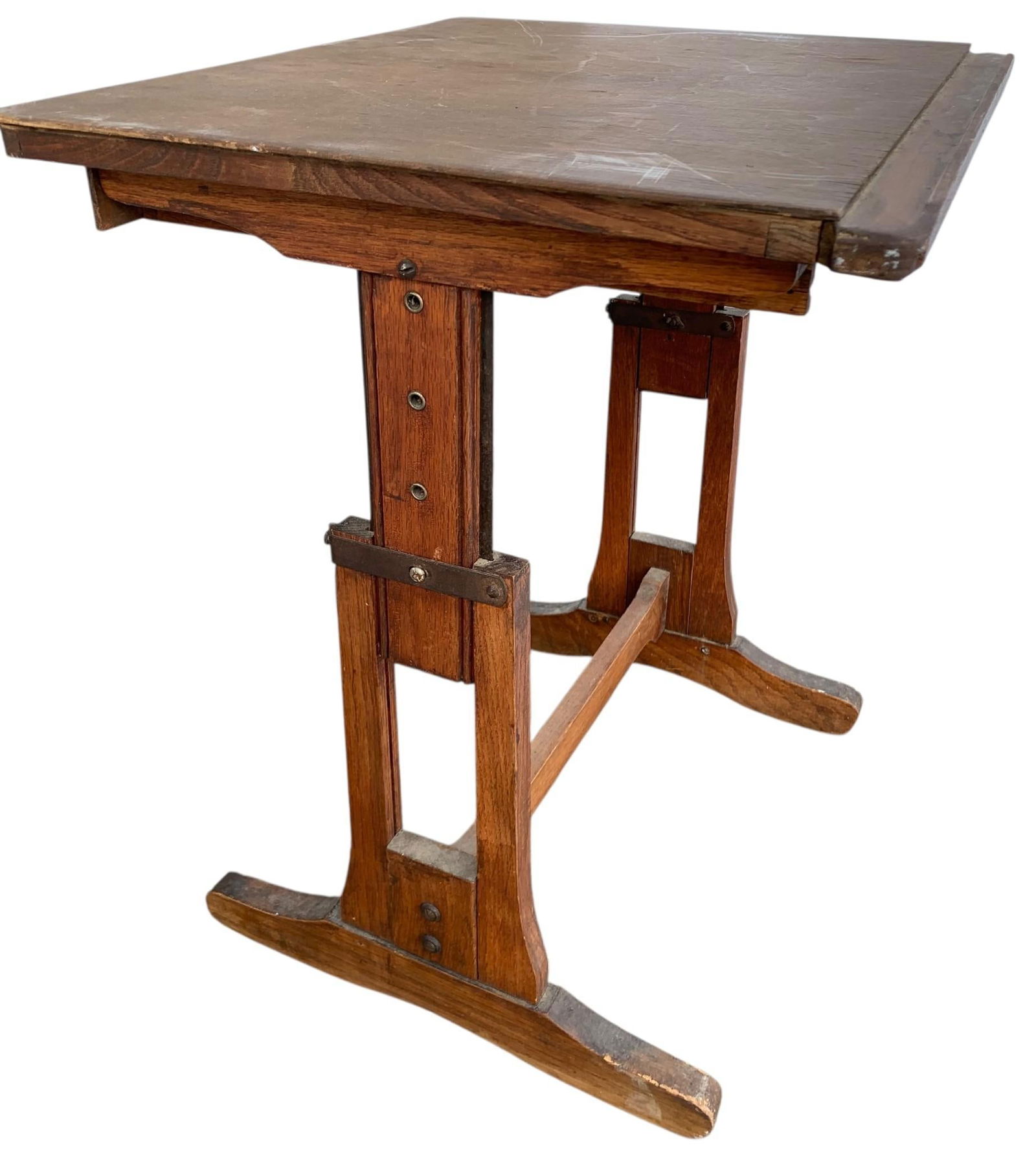 Miniature Antique Arts & Crafts Adjustable Height Child Size Drawing, Art, Writing Table with Drawer: Unusually small 18" to 24" adjustable height table, wood construction, pull out drawer and slot along the top edge for writing instruments, 20 1/2" x 17 5/8" writing surface, 16" x 18" base, structura