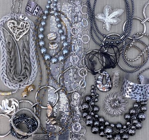 32 pc Vintage Smoke Gray Hematite & Silver Costume Jewelry Collection