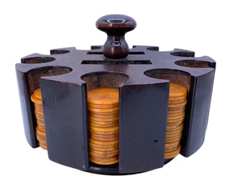 Vintage Revolving Wood Poker Chip Holder & 190 Catalin & Clay Poker Chips