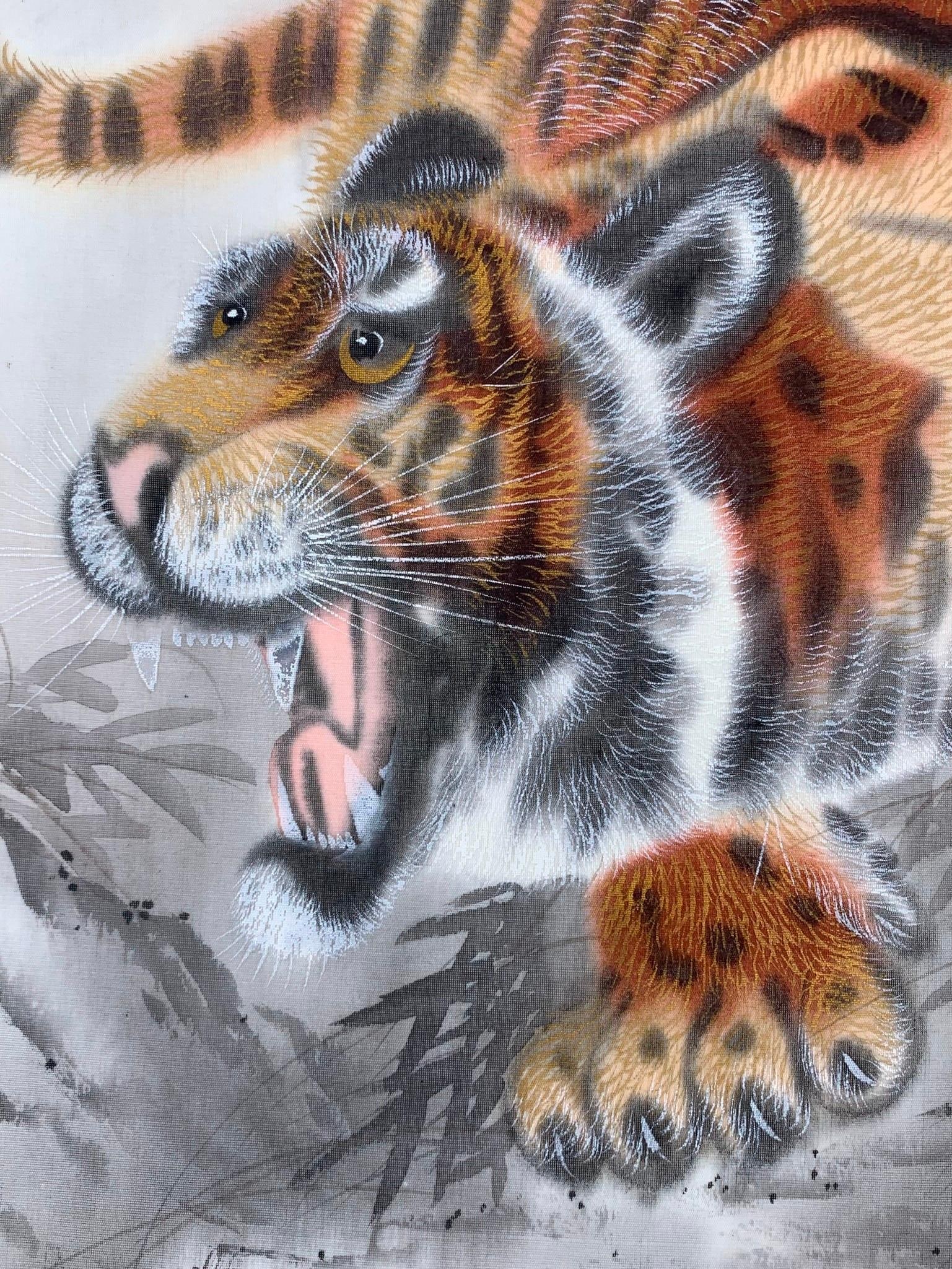 3 Fantastic Vintage Japanese Artist Signed with Seal Silk Tiger & Madonna Paintings: * Madonna on silk, professionally framed under glass 18 7/8" x 13"* Pair of Tiger paintings on silk: 18" x 15"