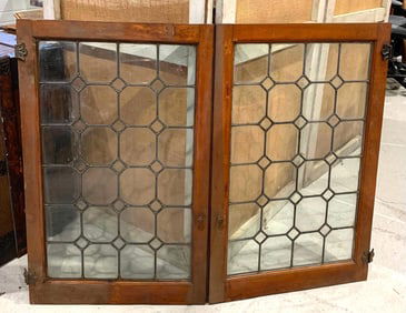 Pair Antique Leaded Glass Architectural Wood Frame Cabinet Doors