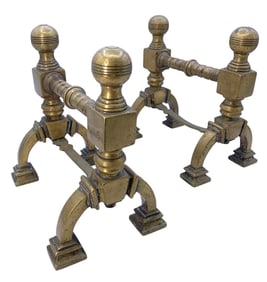 Pair Antique Georgian Colonial Revival Brass Fire Dogs, Cannonball Top Fireplace Andirons