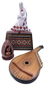 Vintage Ukrainian Folk Bandura, Pysanka Wooden Egg Vignette, Madonna & Carved Wood Folk Art Purse