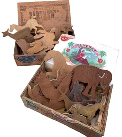 23 Antique Folk Art Wooden Animals Cut From Old Cigar Boxes Inside of 2 Early Cigar Boxes